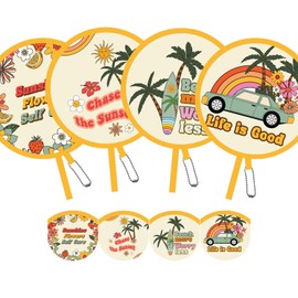 SUJJY 4 Pack Beach Style Hand Fan, Foldable Multi-Role Round Fans for Travel, Events, Indoor & Outdoor (Beach More)