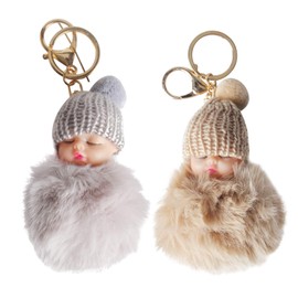 Tadipri 2-Piece Baby Doll Key Ring Sleeping Baby Doll Plush Key Ring Pom Pom Fluffy Key Ring Hanging Pendant, multicoloured