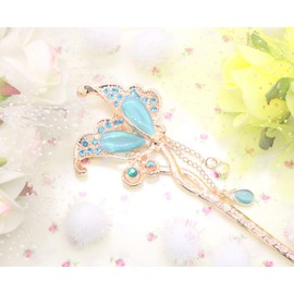 Miaomyao Kanzashi Hair Ornament, Japanese Dress, CZ Diamond, Bijou Pair, Couple, Butterfly, Flower, Butterfly, Flower Motif, Pink Gold, Hair Accessory (Blue)