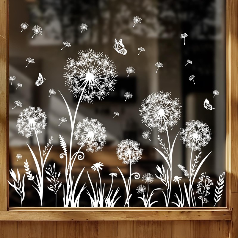 Tanlaby White Dandelion Window Clings Flowers Butterflies Static Window Stickers