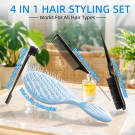 4 in 1 Hair Styling Set, Vented Detangling Brush, Slick Back Bristle Brush, Stainless Steel Rat Tail Parting Comb & Double Sided Edge Control Brush for Women, All Hair Types Wet & Dry