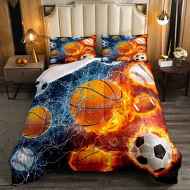 Erosebridal Sports Bedding Set for Boys Twin,Baseball Basketball Comforter Set Soccer Football Bedding Comforter Sets for Kids Teens Men,Red Blue Ice Fire Lightning Decor Quilt Duvet Set 2 Pcs