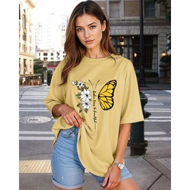 Women’s Oversized Graphic Tees Vintage Casual Drop Shoulder T-Shirt Print Summer Loose Fit Tops Butterfly02 Yellow-M
