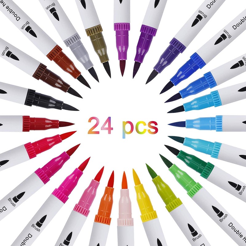 24 Watercolour Pencils Coloured Pens with Double Tip Brush Pen