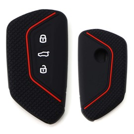 iJDMTOY Black Soft Silicone Key Fob Cover w/Red Stripe Compatible with Volkswagen MK8 Golf/GTI, Skoda Octavia with 3/4/5-Button Smart Key