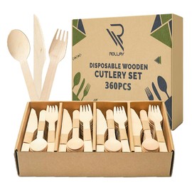 Rollay 360 PCS Disposable Wooden Cutlery Set - Biodegradable Cutlery Set with Wooden Spoons, Forks, and Knives - Compostable Cutlery Wooden Utensils for Parties, Camping, and Picnic