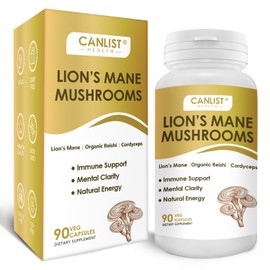 CANLIST Organic Mushroom Complex Capsules with Lion's Mane, Cordyceps, Reishi, Help for Cognitive Focus, Immune Support & Brain Health, Vegan, Non-GMO, 90 Capsules