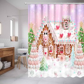 VanillaBay Christmas Gingerbread House Shower Curtain, Pink Winter Christmas Trees Candy Gifts Shower Curtain for Bathroom Bathtubs Decor, 72x72 Inch Bathroom Curtain with 12 Hooks