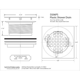 Westbrass D206PS-62 4-1/4" Square Grate Shower Drain Cover with 2" SCH 40 PVC Drain Pipe, Matte Black