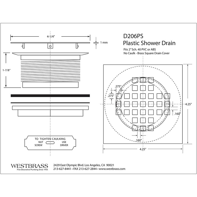 Westbrass D206PS-62 4-1/4" Square Grate Shower Drain Cover with 2"