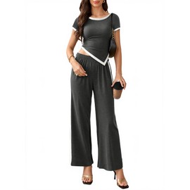 BeryLove Women's 2 Piece Outfits Lounge Sets Slim Short Sleeve Tops Wide Leg Pants Sets Tracksuits Match Sets 605 Black M