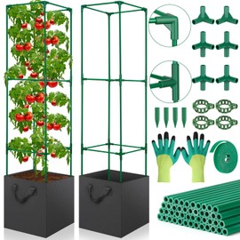 LifeisLuck 2 Pack Tomato Cages for Garden, 49 Inch Tall Tomato Cage with 7 Gallon Planter Bags, Plant Support Trellis Frames for Garden Cucumber Vegetables Plants Climbing Outdoor Indoor