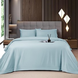 Shilucheng Bamboo Sheets Set 4/6 Pc, Cooling Breathable & Hotel Luxury Super Silky Soft, 16-18" Deep Pocket, Wrinkle, Fade Resistant Springtok:_Bamboo-Spa Blue_King_4PC