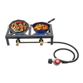 8000W Double Burner Outdoor Gas Stove Propane BBQ Cooker with Adjustable 0-20Psi Regulator Hose, Portable Cast Iron Stove for Outdoor Camping Barbecue Hiking Garden Terrace, Black
