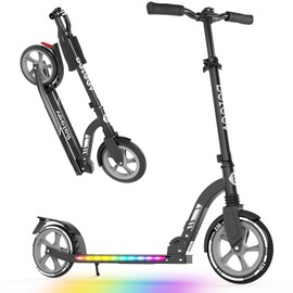 BELEEV Big Wheel Scooter for Kids Ages 6+ with Light-Up Deck, 2 Wheel Folding Kick Scooter for Adults Teens, 5 Adjustable Height, Lightweight Sport Commuter Scooter, Max Load 220 lbs (Classic Black)