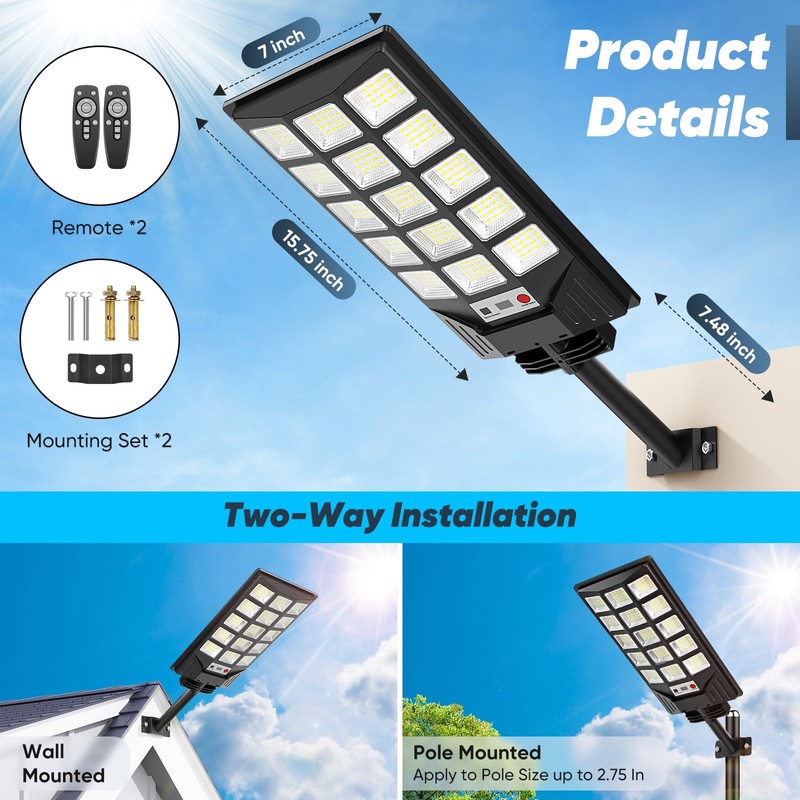 Solar Street Lights Outdoor Waterproof, 30000LM 6500K LED Motion Sensor
