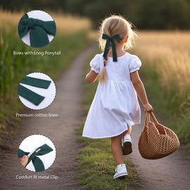 2 Pcs Cotton Linen Hair Bows,5 Inch Soft Cotton Linen Bow Hair Clips with Long Ponytail,Cute Non Slip Big Clips for Girls Toddler Baby School Kids(Green)