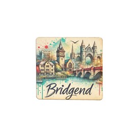 Wooden Fridge Magnet - Bridgend Scenic Artwork with River, Bridge, and Historic Buildings (mag-kf25-2257)