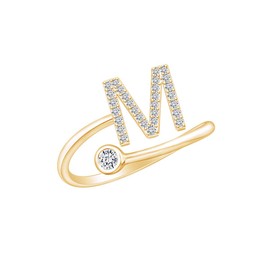 Bezel Set Simulated Birthstone & White Natural Diamond Accent Initial " M " Alphabet Letter Adjustable Promise Ring 14k Yellow Gold Over Sterling Silver