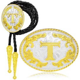 QuneusHot 2 Piece Western Belt Buckle Bolo Tie Set Initial Letter ABC to XYZ Cowboy Costume Gold Accessories for Men Women, Gold T, Large