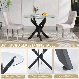 Modern Round Dining Table for 2 4 People, 36 in Glass Kitchen Dining Room Table with Black Metal Cross Legs, Space Saving Circle Dinner Tables for Dining Room, Kitchen, Living Room