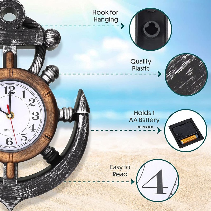 Anchor and Boat Wheel Wall Clock, Nautical Coastal Beach or