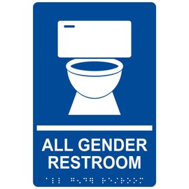 ComplianceSigns.com All Gender Restroom Sign, ADA-Compliant Braille and Raised Letters, 9x6 inch Blue Acrylic with Adhesive Mounting Strips