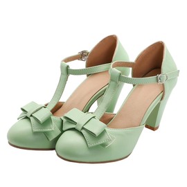 Elbslutt Women's Cute Retro Rockabilly Shoes T Strap Mary Janes Heels Chunky Cosplay Shoes Sweet Block Heeled Bow Pumps, Size 8, Green