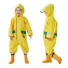 Vckrio Boys Waterproof Rain Suit Jumpsuit Children Yellow Mud Suit One Piece Rain Coat Overalls Lightweight Rainproof All in One Suit Reusable Breathable with Dinosaur Car Print for Kids 4-6 Years