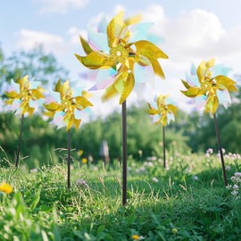 winemana 12 Pcs Reflective Pinwheels Outdoor, Wind Spinners for Yard & Garden, Sparkly Bird Repellent Windmill Scare Birds Away, Deterrent Devices for Outside Patio Lawn Spring Decor (Yellow)