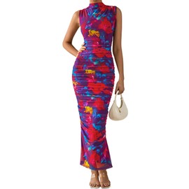 PRETTYGARDEN Women's Summer Floral Mesh Maxi Dresses 2025 Sleeveless Ruched Bodycon Evening Party Cocktail Split Long Dress (Floral Purple Red,M)