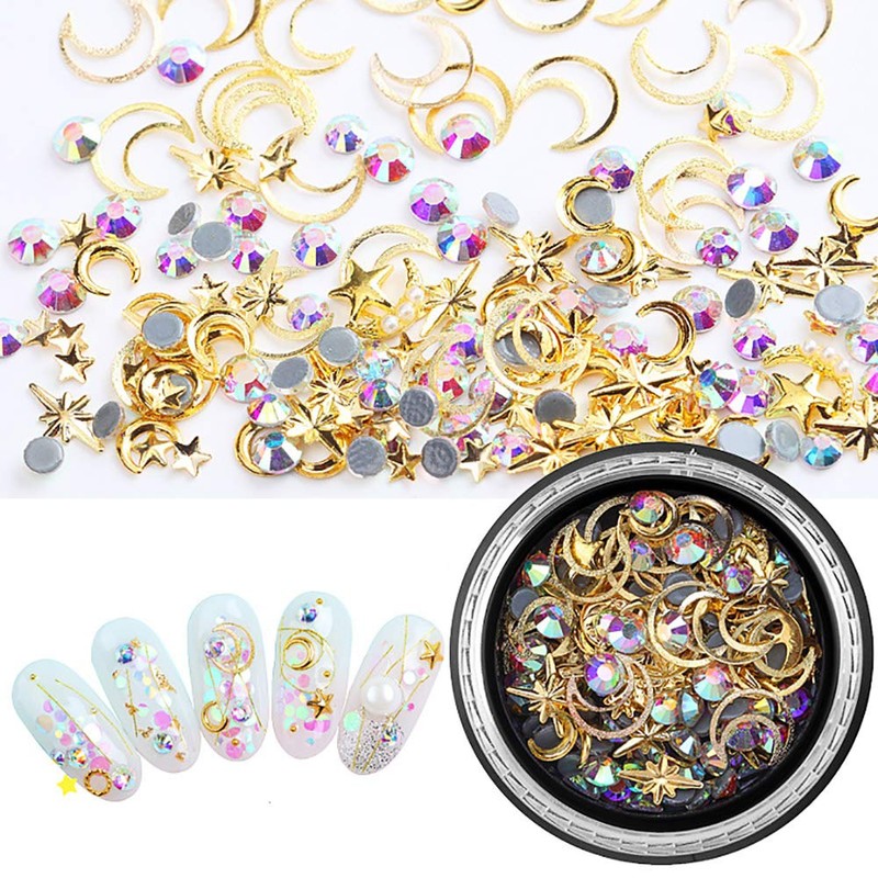 SILPECWEE 6 Boxes 3d Nail Rhinestones And Studs Gold Nail