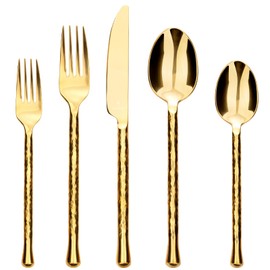 LINZOM Glam Gold 20-Piece Hand-Forged Set for 4, 18/10 Stainless Steel Flatware, Mirror Polished, Dishwasher Safe, Cutlery Set for Home Kitchen Hotel Restaurant Wedding
