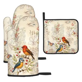 Vintage Bird Themed Hot Pads and Oven Mitts Set of 3,Heat Resistant Non Slip Cute Rustic Kitchen Mitts and Pot Holder Set & Baking Gloves for Cooking Baking Grilling BBQ,Bird Lover Gifts for Women