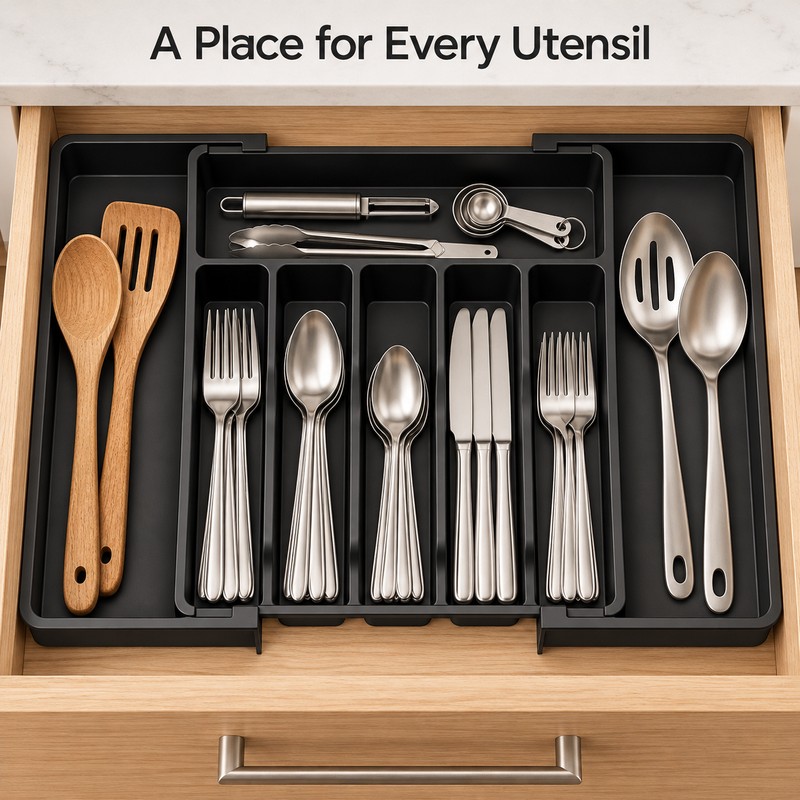 Adjustable Cutlery Drawer Organizer for Kitchen Storage – Expandable 8-Compartment
