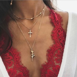 TseenYi Gold Layered Necklace for Women Boho Layered Cross Necklace Choker Rose Flower Dangle Multilayered Long Necklaces Summer Beach Wedding Jewelry for Women and Girls（1 Pcs)