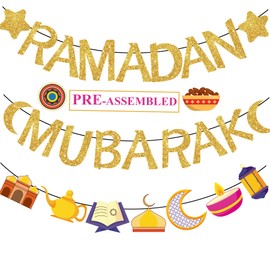 PHIREE Ramadan Decorations for Home 2024 Glitter Ramadan Banner Not Need DIY Ramadan Mubarak Banner Garland Ramadan Mubarak Kareem Fireplace Decorations, Gold