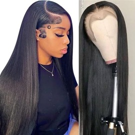 Straight Lace Front Wig Lace Wig For Women Lace Front Wig Long straight wig, high-temperature silk synthetic long hair wig (Natural black, 70cm)