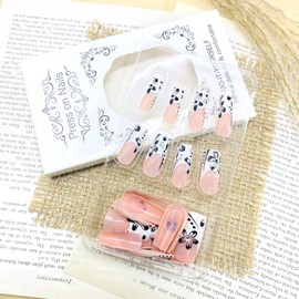 LWTZLW French Tip Press on Nails Black Flower Medium Square Fake Nails 3D with Rhinestones French Tip Full Cover Glue on Nail Floral Coffin Acrylic False Nail Glossy Artificial Nail Reusable for Women