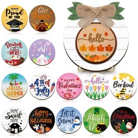 Geetery 17 Pieces Interchangeable Season Sign DIY Holiday Icons Decor with Wooden Easel Round Home Decorative Signs with 15 Seasonal Icons Holiday Sign Set for Tabletop Fireplace Porch Decorations