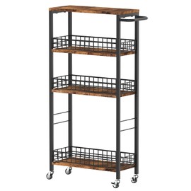 NORCEESAN Slim Storage Cart Rolling Kitchen Cart with Wheels Narrow Laundry Storage Utility Cart 4 Tier Bathroom Mobile Shelving Unit Organizer with Wood Tabletop Trolly Cart with Handle for Small Spaces, Brown