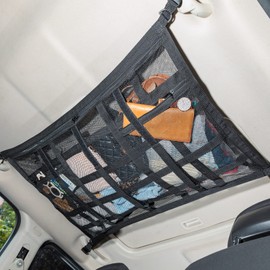 Car Ceiling Cargo Net Pocket Storage Net,29.5"x19.7" Adjustable D-Buckle to Reduce Sagging Roof Storage Organizer,Double-Layer Mesh SUV for SUVs,Road Trips,Car Camping Essentials