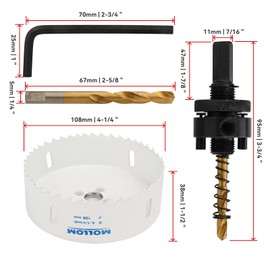Mollom (108mm | 4-1/4") HSS M42 with 8% cobalt BI-Metal Hole Saw with 2 Pilot Drill Bits & Arbor Smooth Cutting for PVC,Drywall,Wood,Plastic,Gypsum Board,Rubber