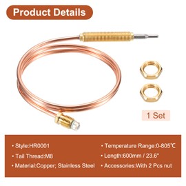 sourcing map 23.6" Thermopile Thermocouple 805 Degree Gas Fireplaces Replacement Thermocouple M8 for Gas Furnaces, Oven, Fryers, Boilers, Water Heaters