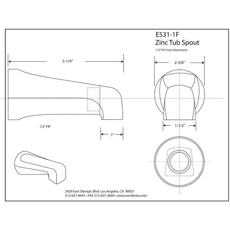 Westbrass E531-1F-62 5-1/4" Standard Front Connection Tub Spout, Matte Black
