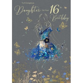Amazing Beautiful Daughter 16th Milestone Age 16 Birthday Greeting Card - from the Gorgeous Grace Range (EL374) - Glitter & Foil Finished with Gold Envelope (16th)