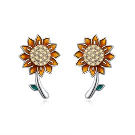 Sunflower Earrings 925 Sterling Silver Cubic Zirconial Sunflower Boho Stud Earrings for Women Mom Wife Friend Christmas Birthday Valentine's Day Mother's Day Jewelry