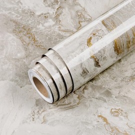 Livelynine 15.8x197" Glossy Countertop Contact Paper Waterproof Peel and Stick Countertops Kitchen Wallpaper White Beige Gold Tan Marble Counter Top Covers for Bathroom Gloss Marble Table Vinyl Wrap