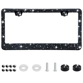 Amiss Bling License Plate Frame for Women, 1Pack Rhinestone Handcrafted Crystal Premium Stainless Steel, Stainless Steel Car Accessories with Diamond Sparkle Glitter Caps (Black)