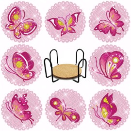 Lecqizu Diamond Art Coaster Set with Holder, DIY Sparkling Resin Painting, Gift for Family (Butterfly)
